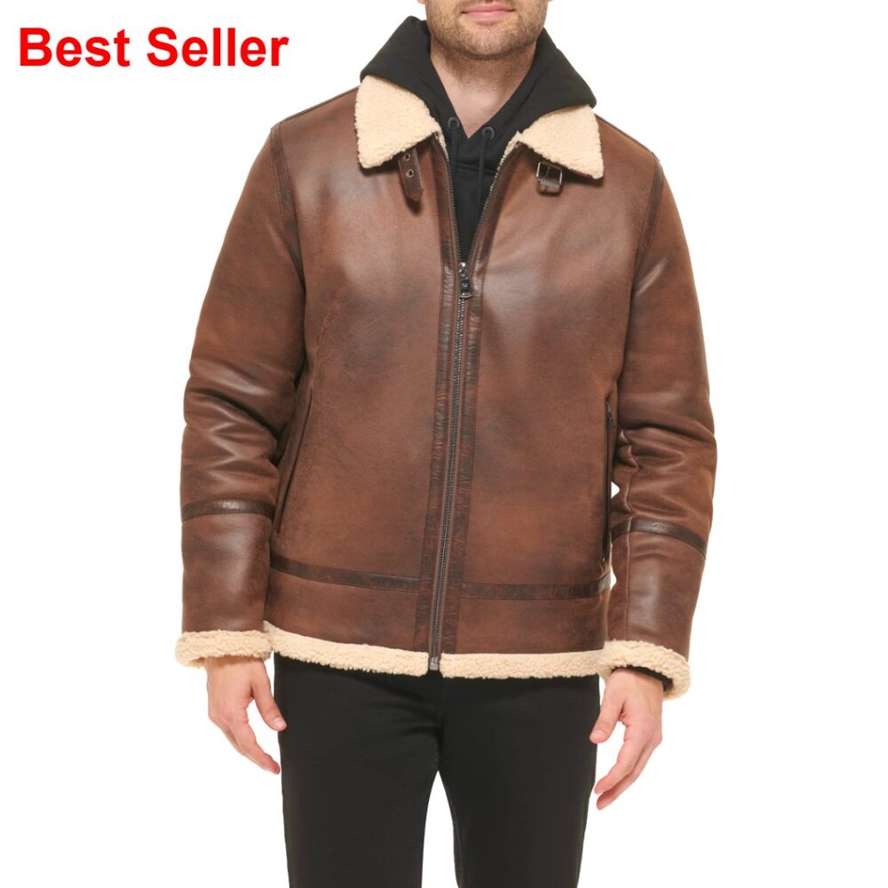 Faux Leather Bomber Jacket With Shearling Lining